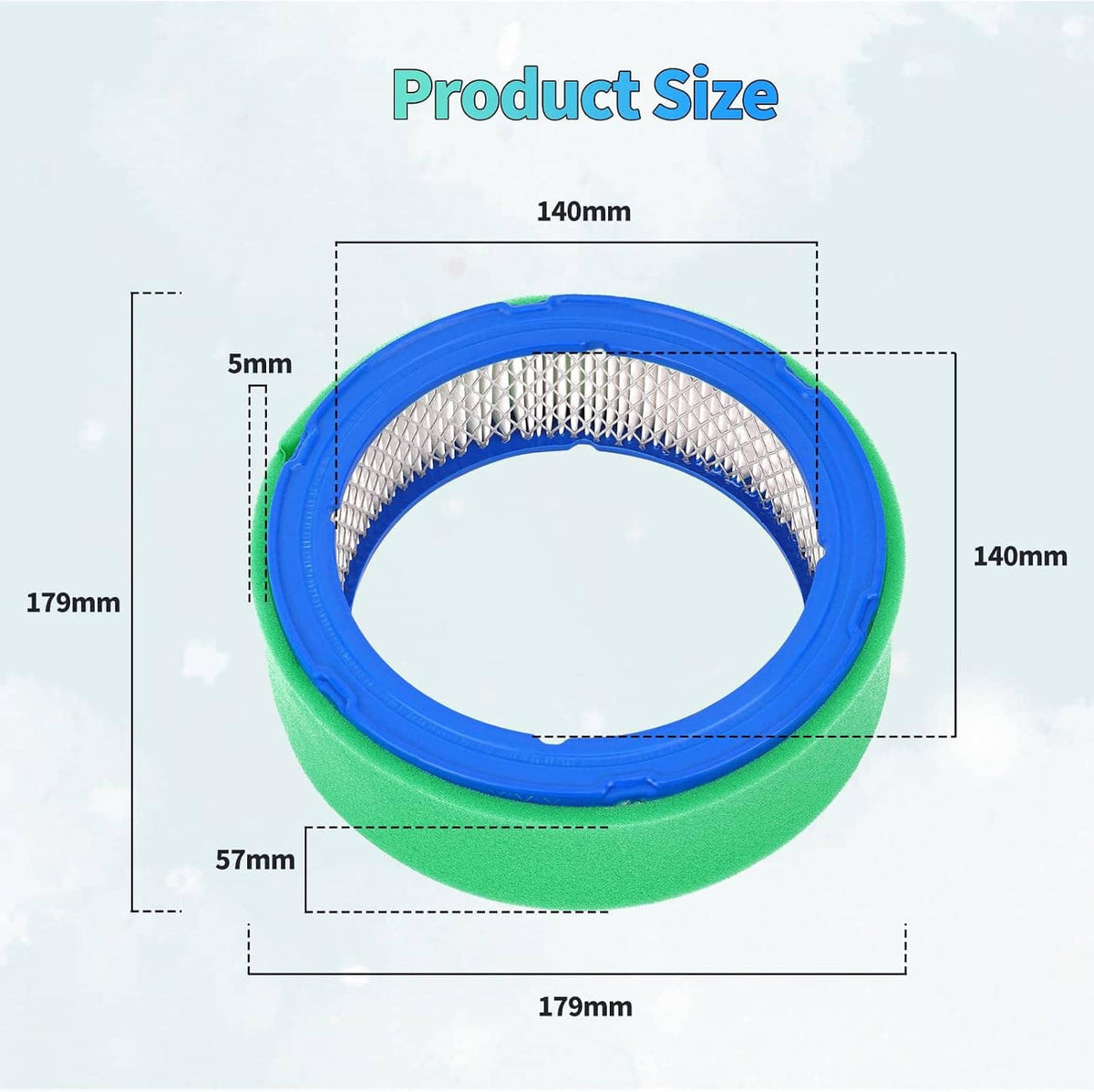 Lawn mower air filter replacement dimensions shown: round blue rim white mesh with green base