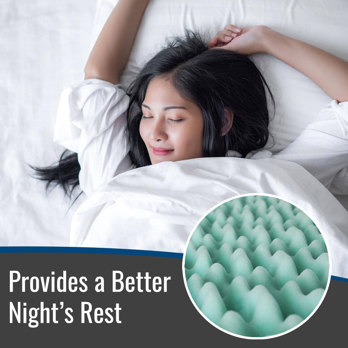 Light teal egg-crate foam mattress topper with close-up inset for comfort support.