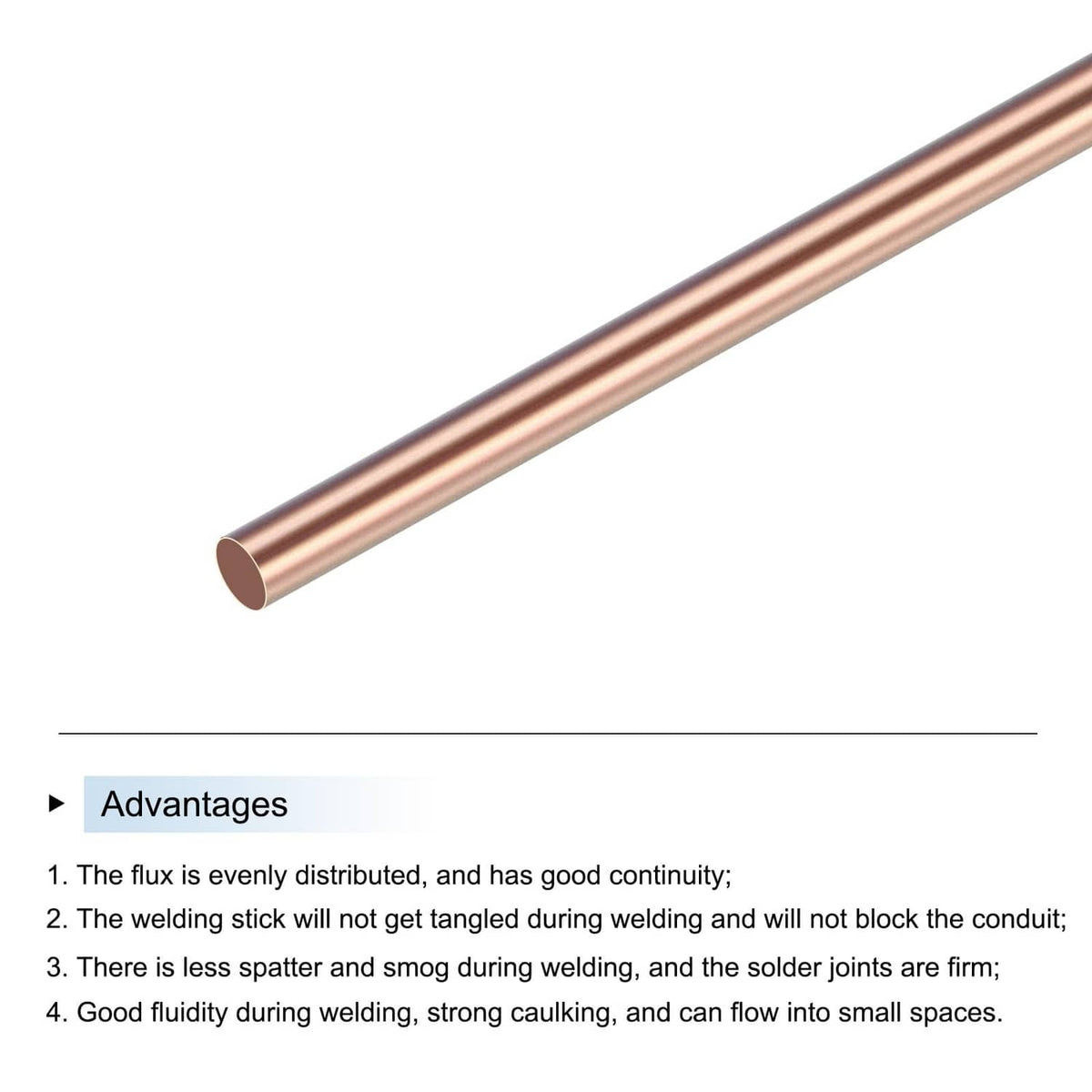Copper brazing rod, close-up of round tube end on a straight rod