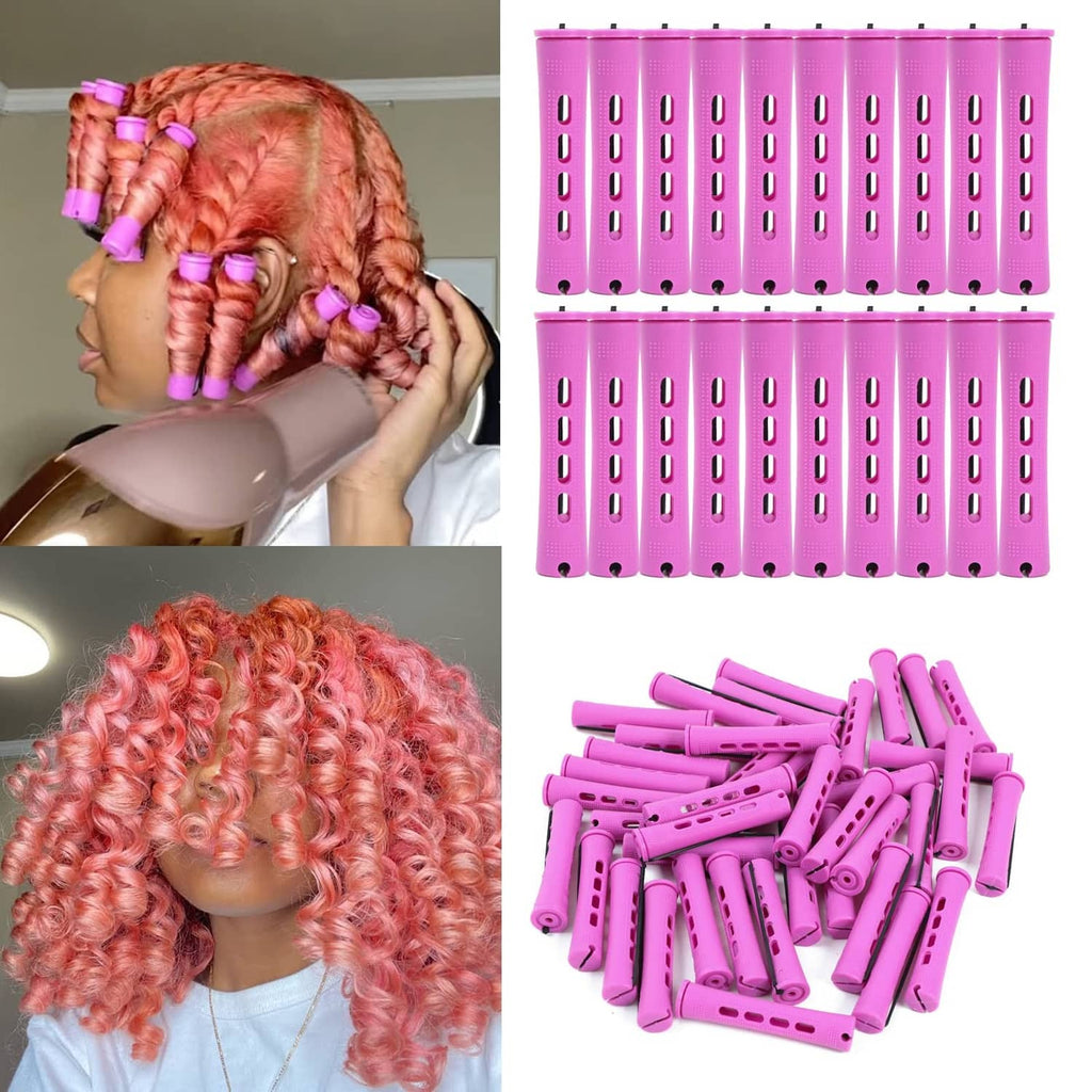 Purple perm rods used on hair and finished curls, plus rods and holder sets