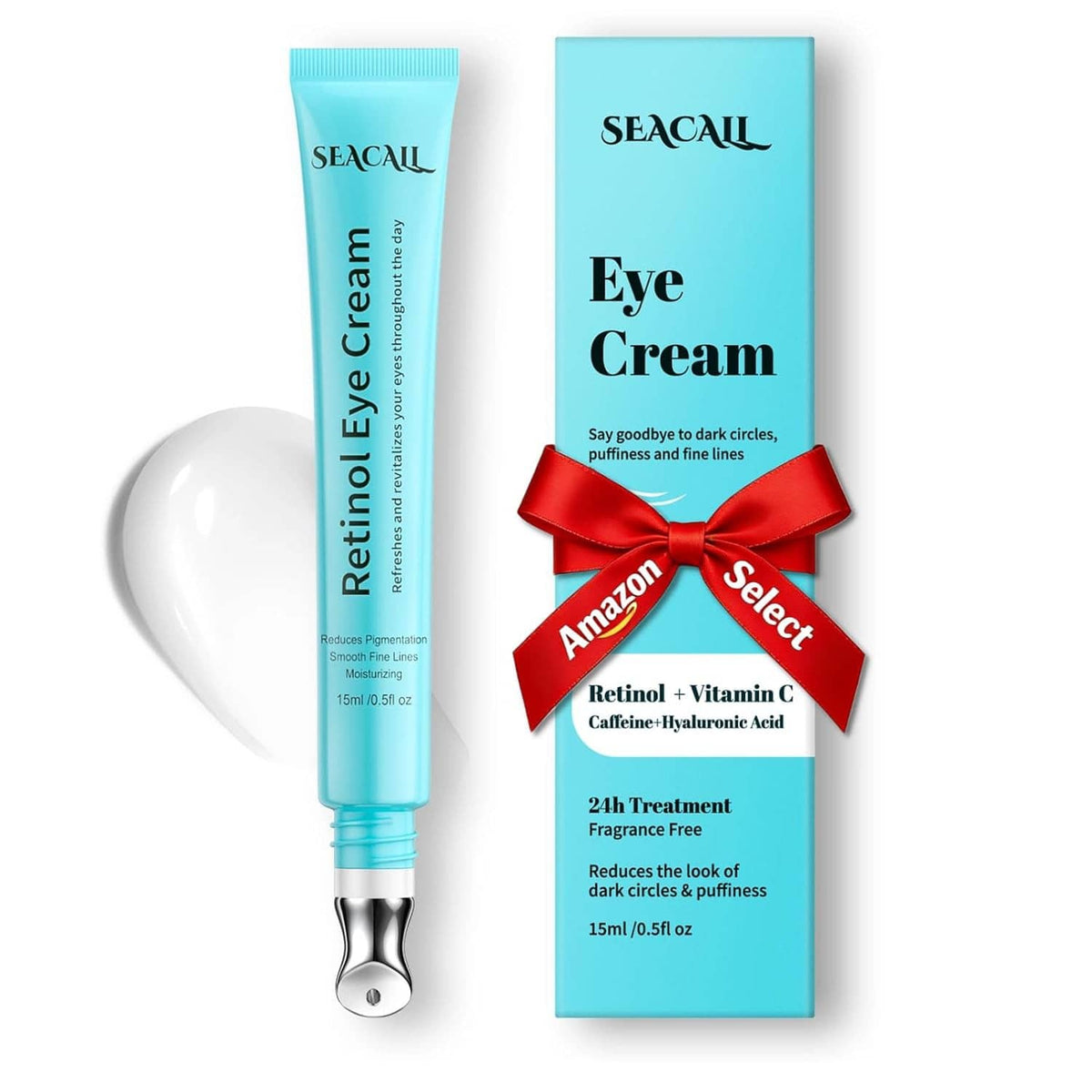 Turquoise retinol eye cream tube with matching SEACALL Eye Cream box