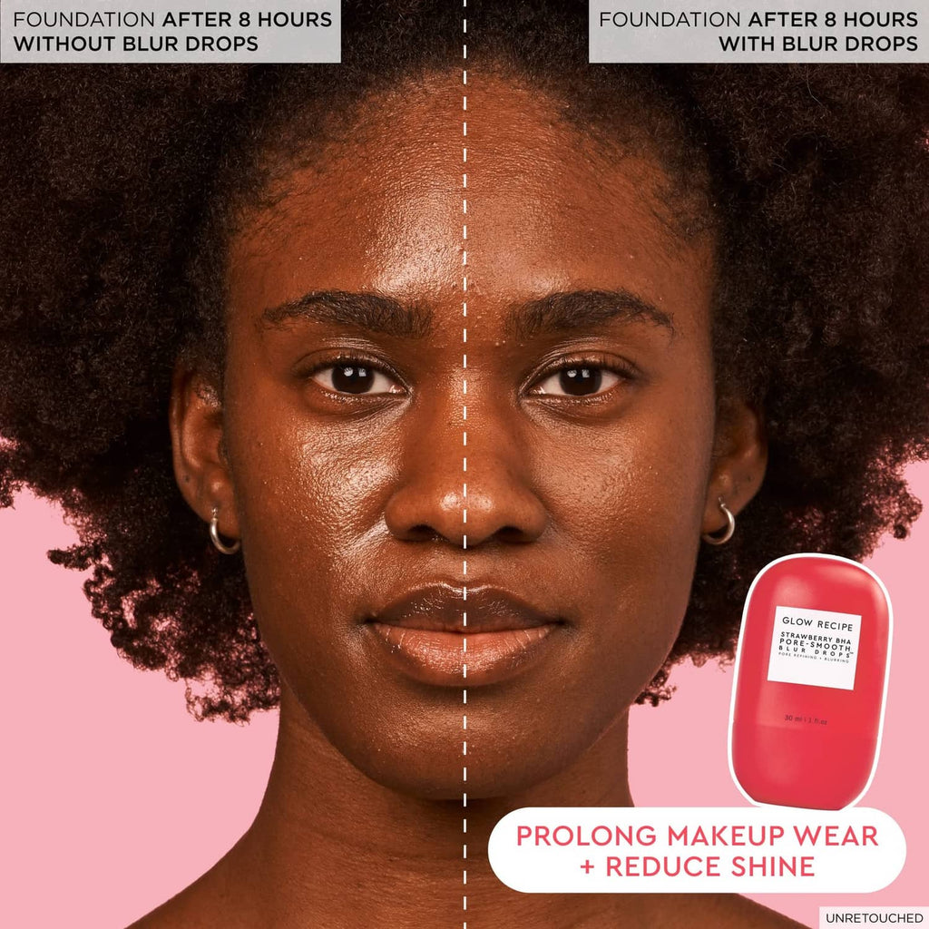 Blur drops bottle shown next to makeup wear before-and-after comparison