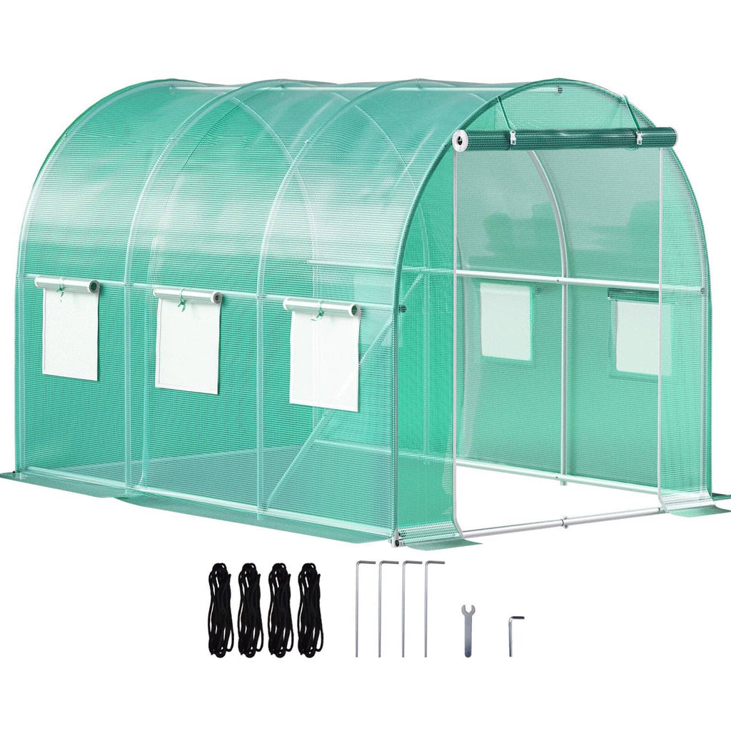 Green tunnel greenhouse with galvanized frame, clear waterproof cover, and side roll-up doors