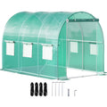 Green tunnel greenhouse with galvanized frame, clear waterproof cover, and side roll-up doors