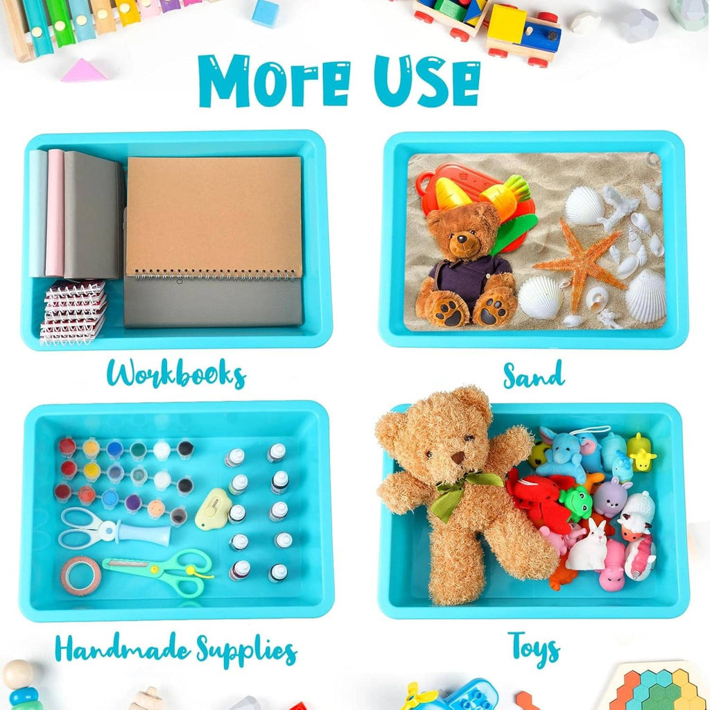 Teal storage tray bin holding notebooks, craft paper, and small accessories