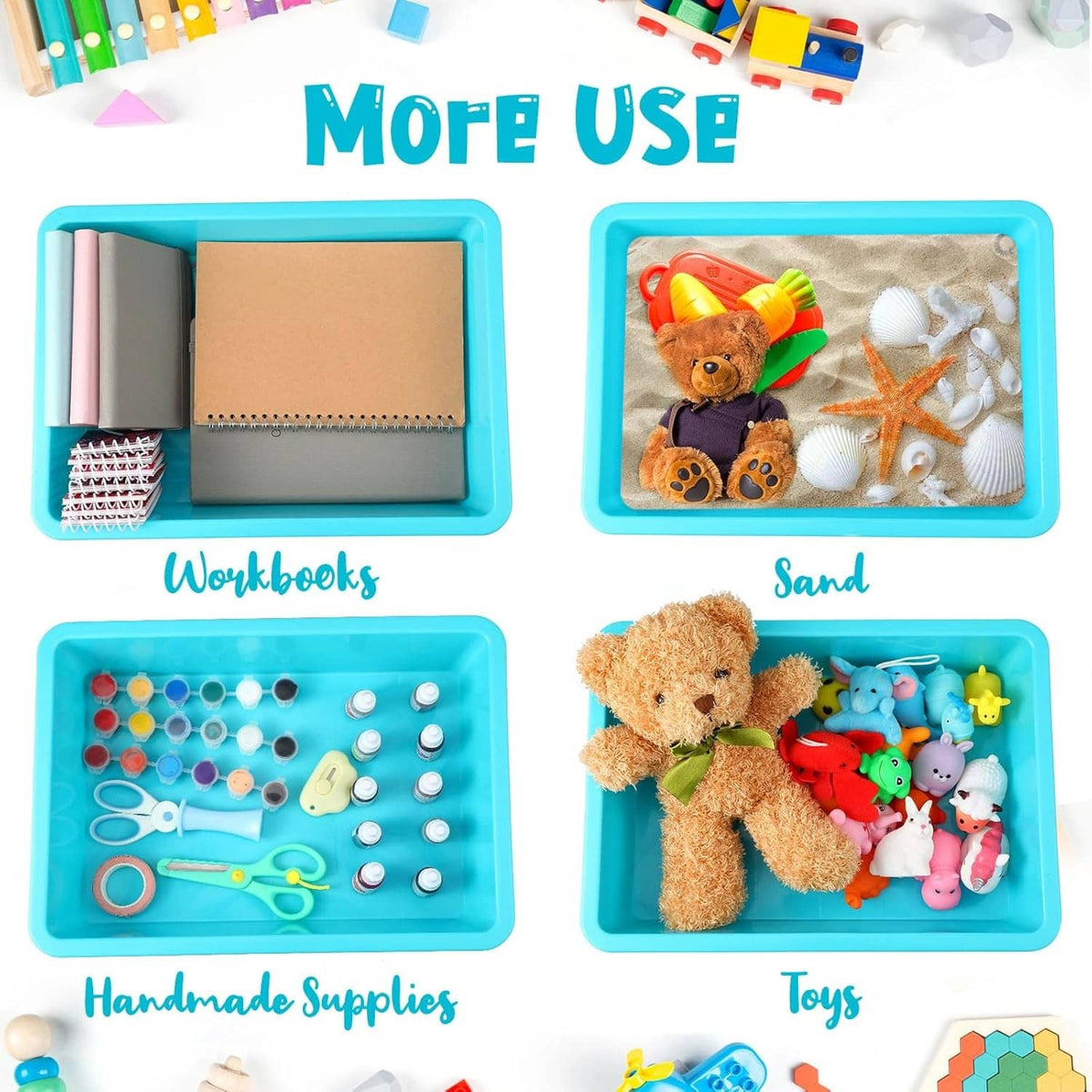 Teal storage tray bin holding notebooks, craft paper, and small accessories