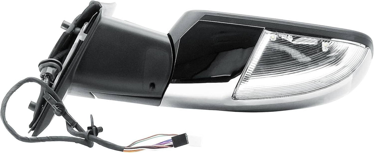 Right side mirror with silver housing edge and clear turn-signal lens