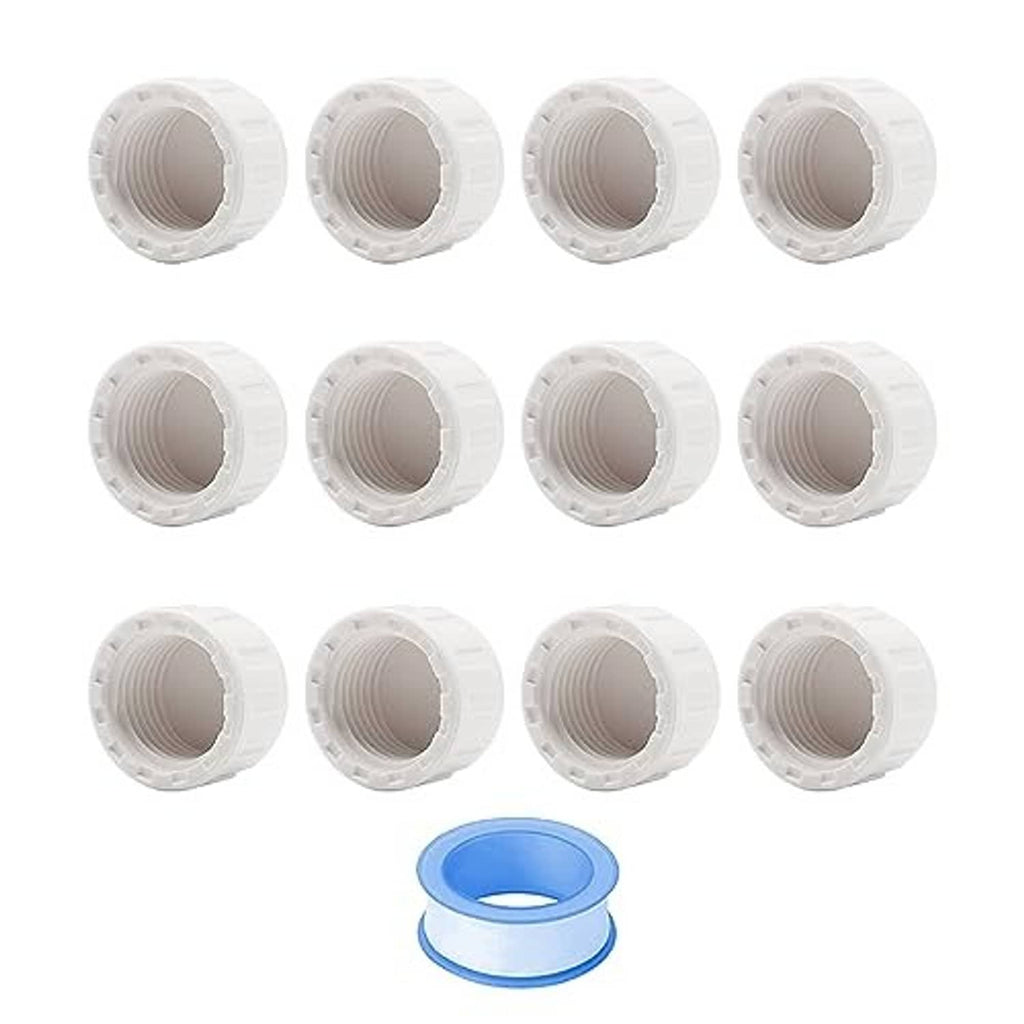 White PVC female thread pipe end cap plugs set, ridged grip design; sealing tape roll