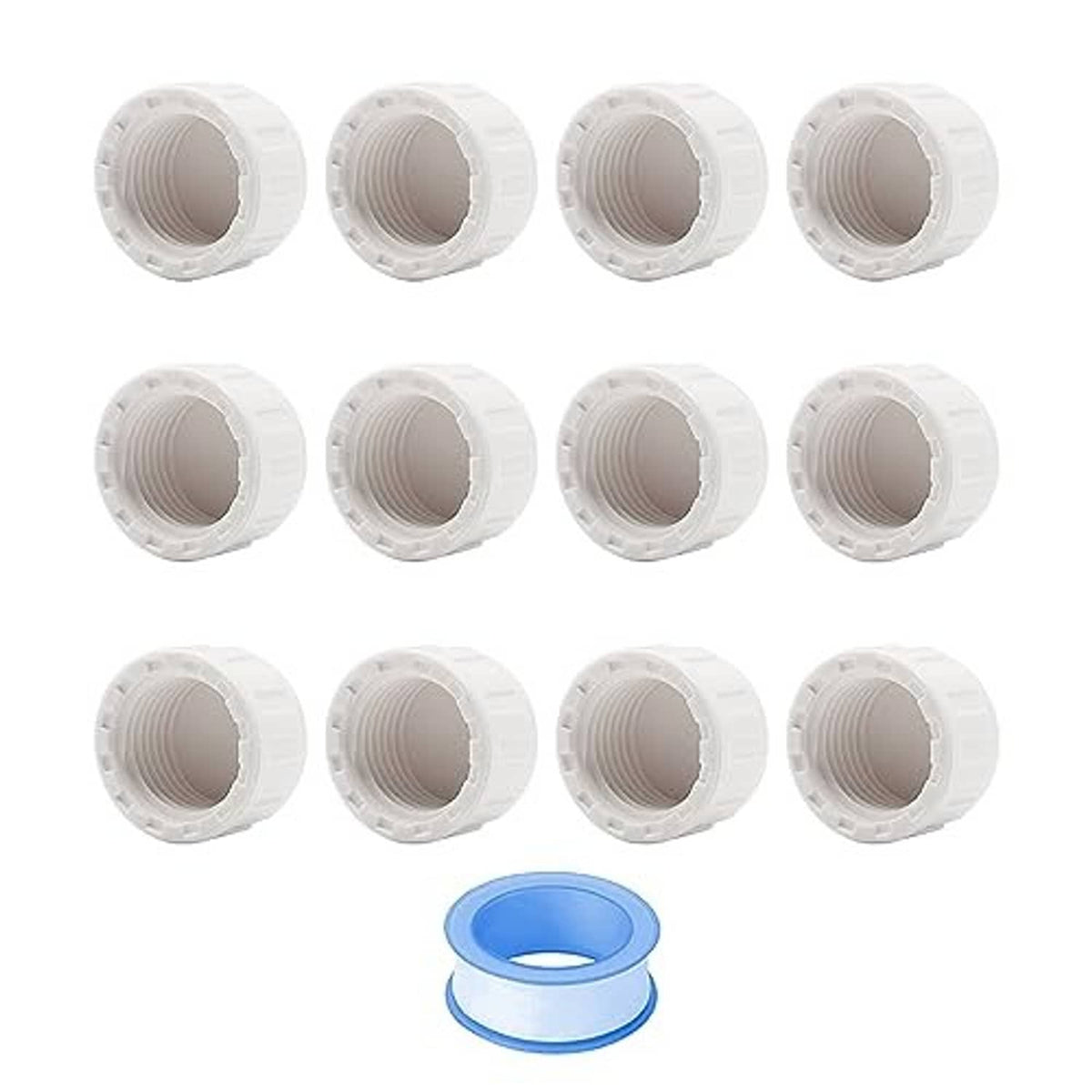 White PVC female thread pipe end cap plugs set, ridged grip design; sealing tape roll