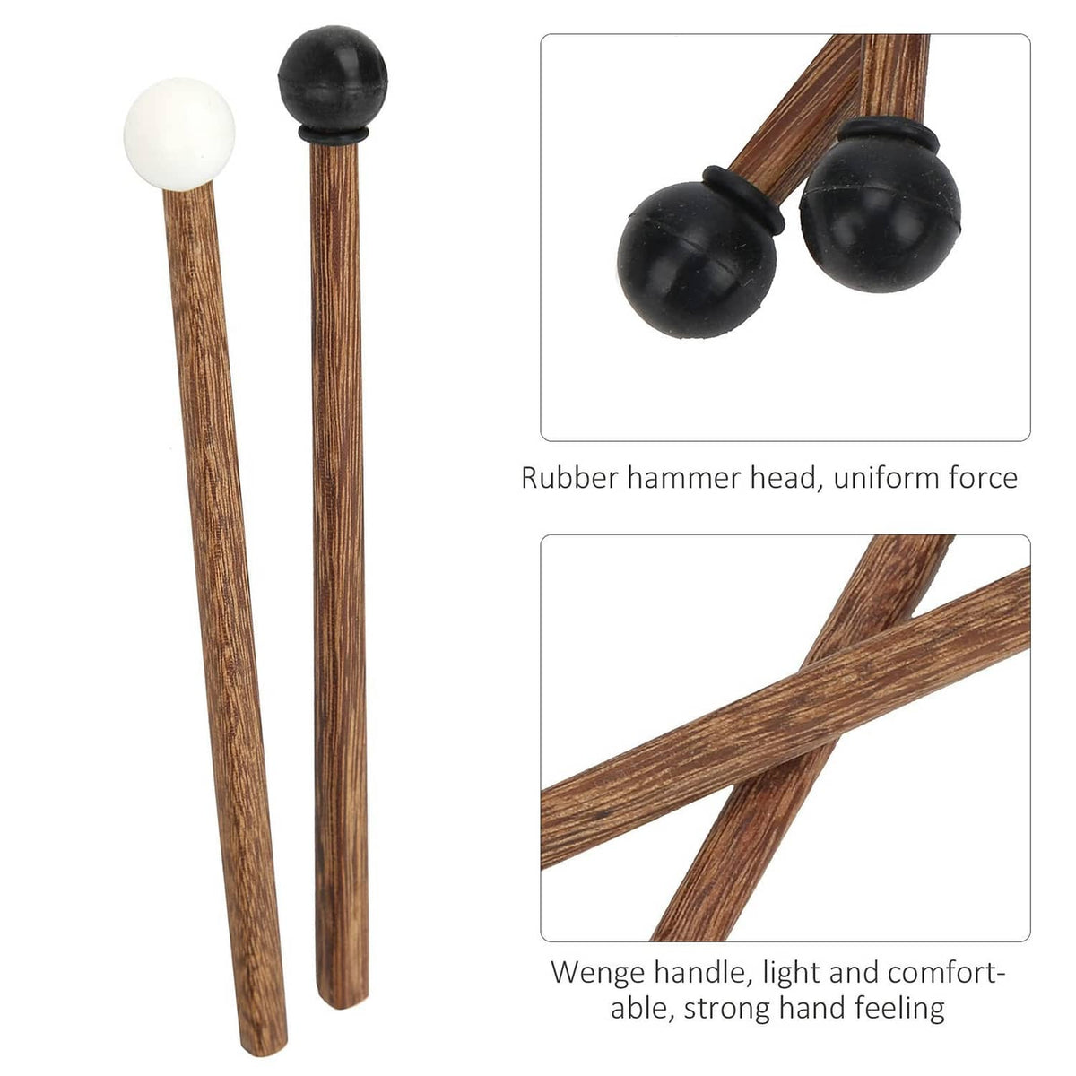 Tongue drum mallets with wenge-style wood handles and black/white rubber hammer heads