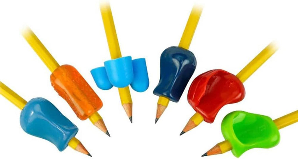 Assorted pencil grips with orange, light blue, navy, red, and green ergonomic covers