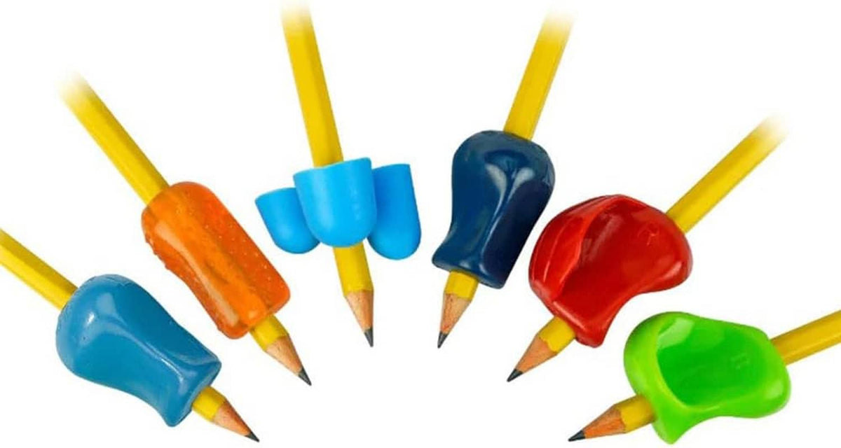 Assorted pencil grips with orange, light blue, navy, red, and green ergonomic covers