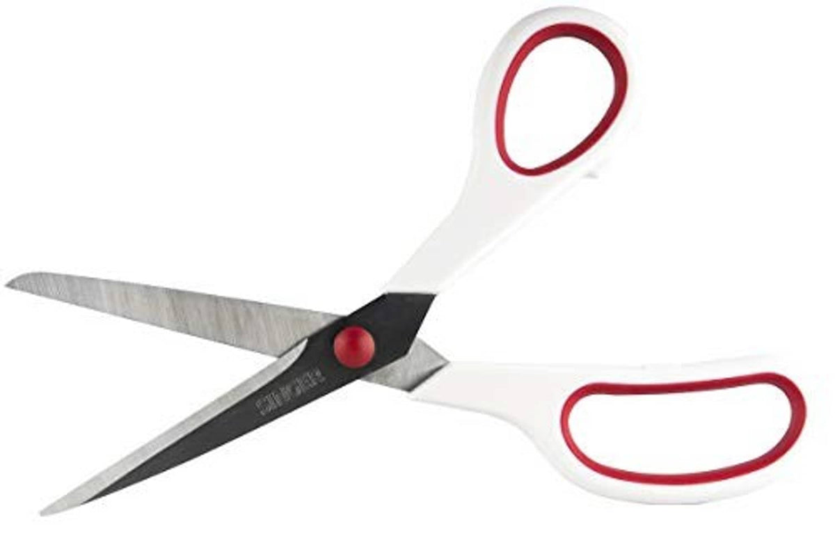 Singer scissor with red finger loop and white handle, gray blades angled for cutting