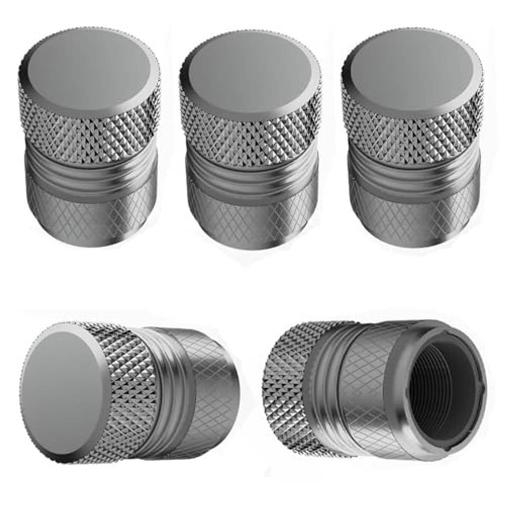 Grey textured tire valve stem cap with flat top and visible threaded interior, 5-pack