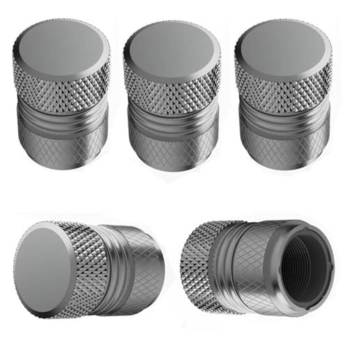 Grey textured tire valve stem cap with flat top and visible threaded interior, 5-pack