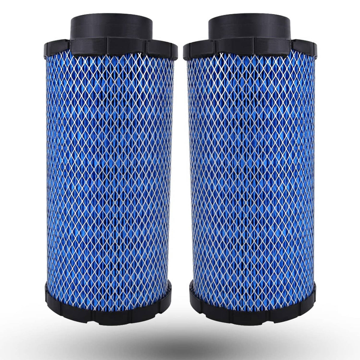 Set of two air filter cartridges, blue mesh cylinders with black caps