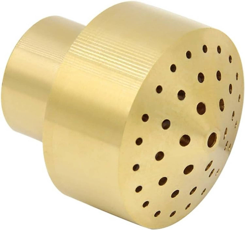 Brass fountain nozzle close-up: perforated spray face with multiple spray holes