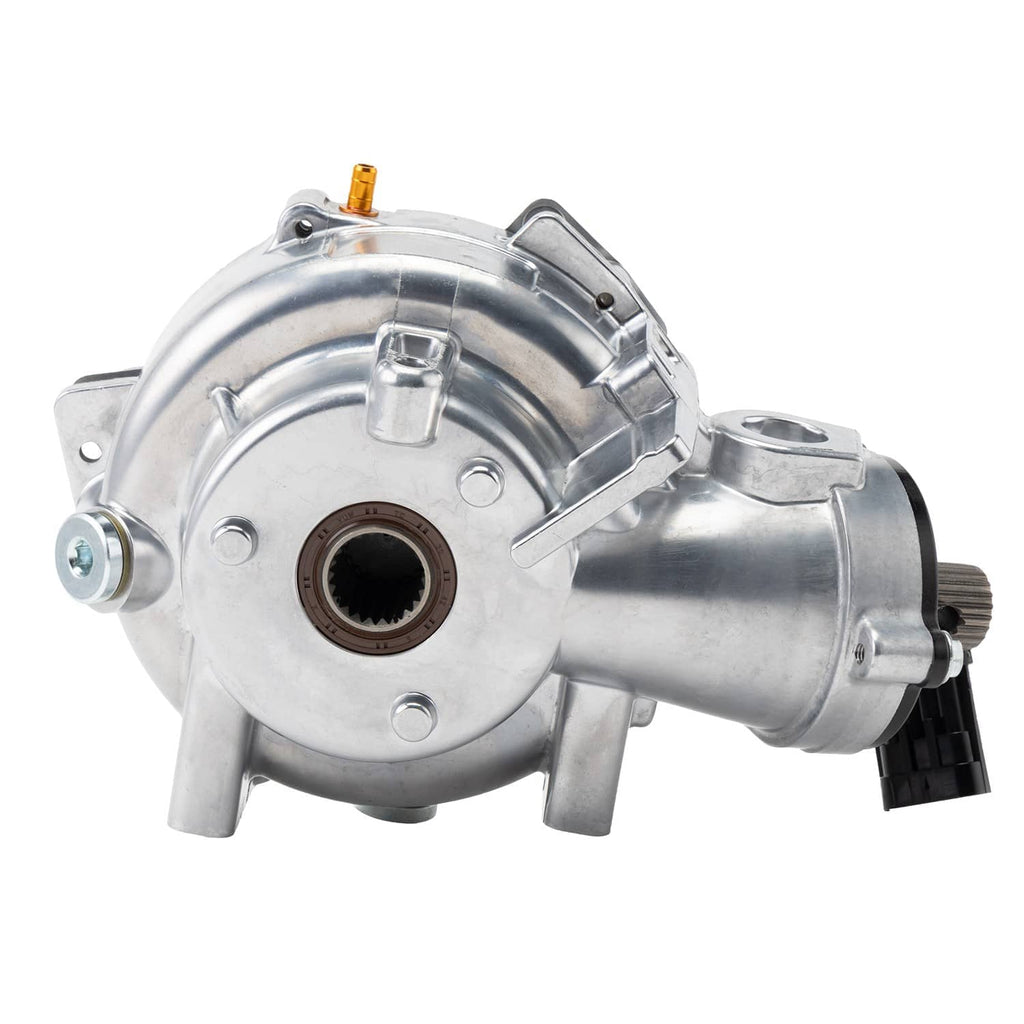 Front differential assembly with silver aluminum housing and central brown bearing opening
