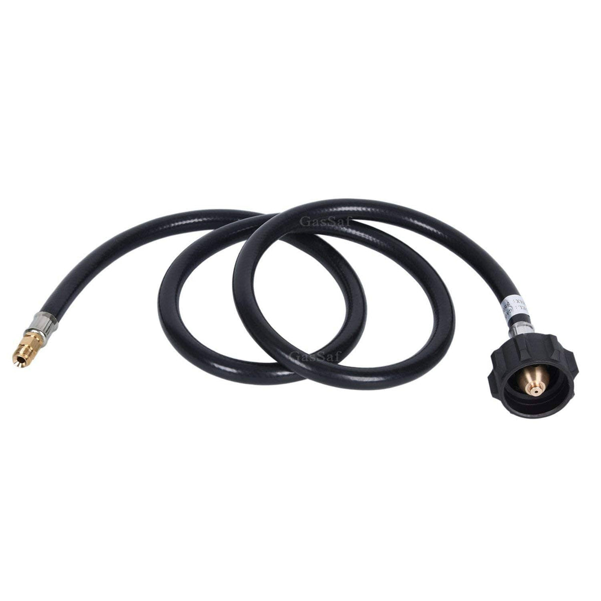 Coiled 4 ft RV propane pigtail hose with metal-and-brass end fittings