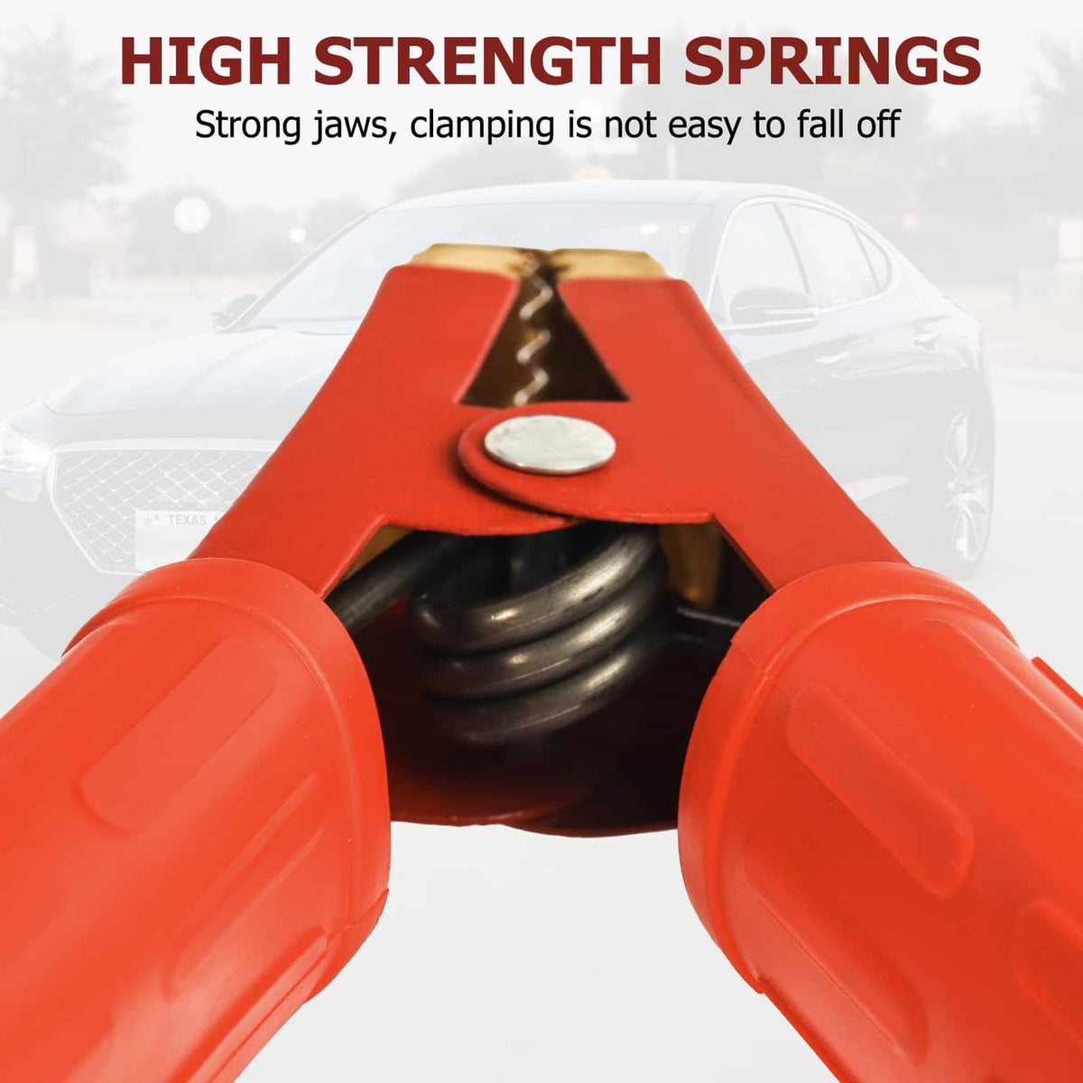Red insulated jumper clamp with strong spring for secure battery cable connection