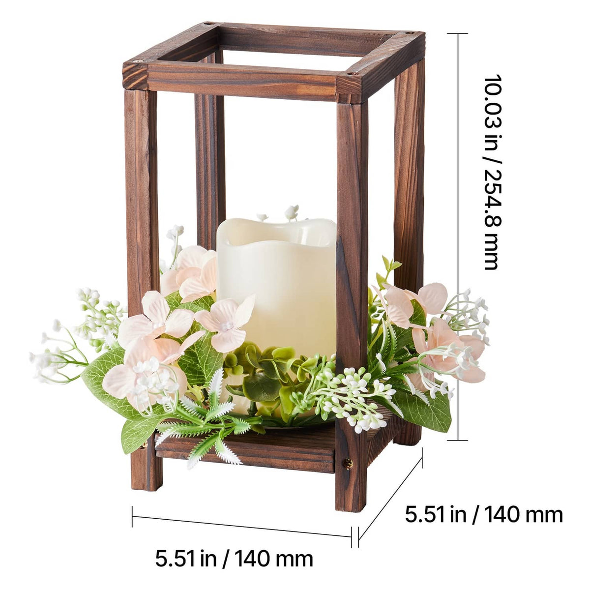 Brown wooden lantern with LED candle and champagne floral wreath, front view dimensions