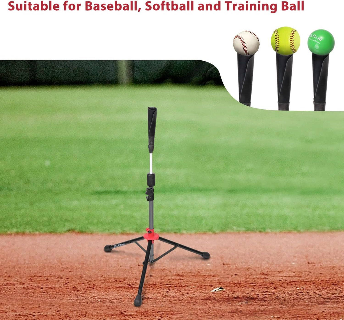 Baseball training tee on tripod base with red collar and three practice balls attached