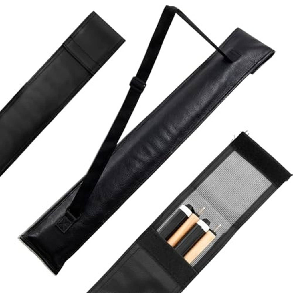 Black long pool cue case with shoulder strap and mesh-lined pocket for cue sticks