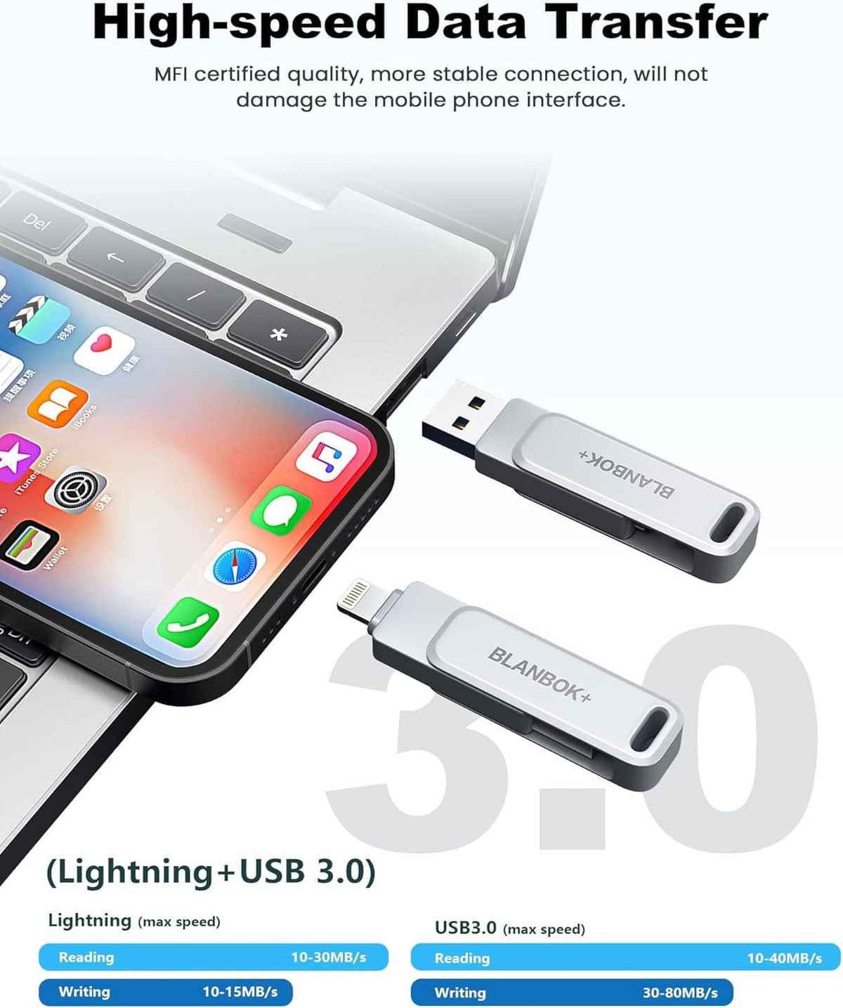 Gray BLANBOKX Lightning to USB 3.0 flash drive with compact connector housing
