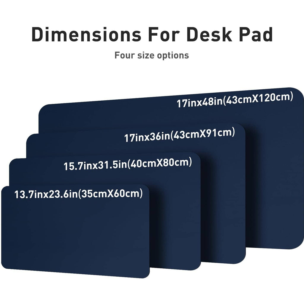 Dark blue desk pad protector size options shown as layered rectangular pads.