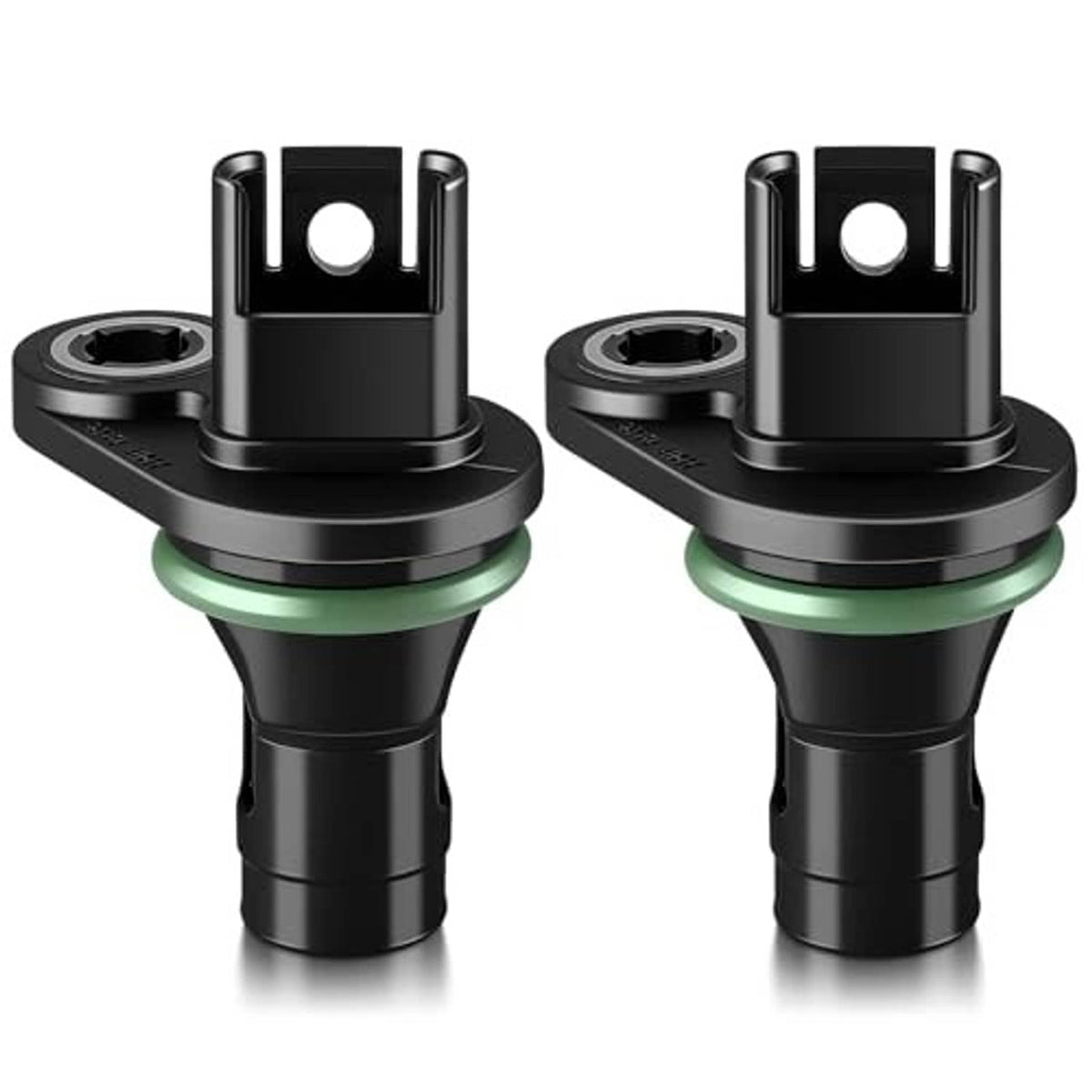 Camshaft position sensor pair, black body with green sealing ring, angled view