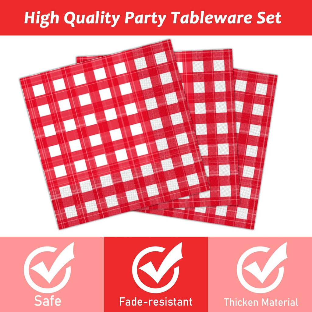 Red and white gingham paper plates stack, party tableware set