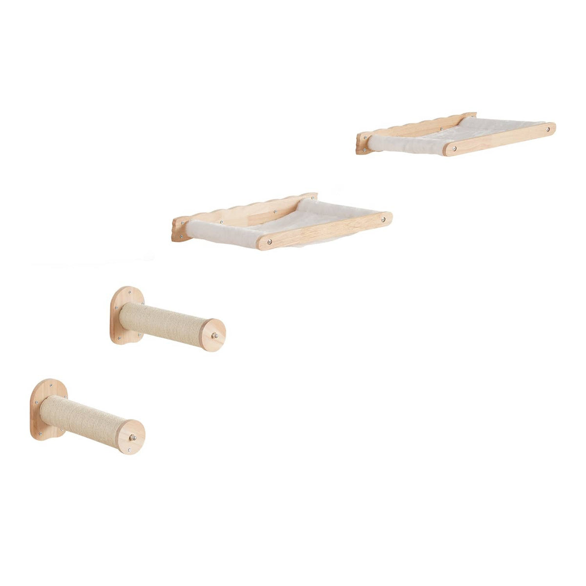 Wall-mounted cat shelf set with rope-wrapped posts and two gray hammock platforms