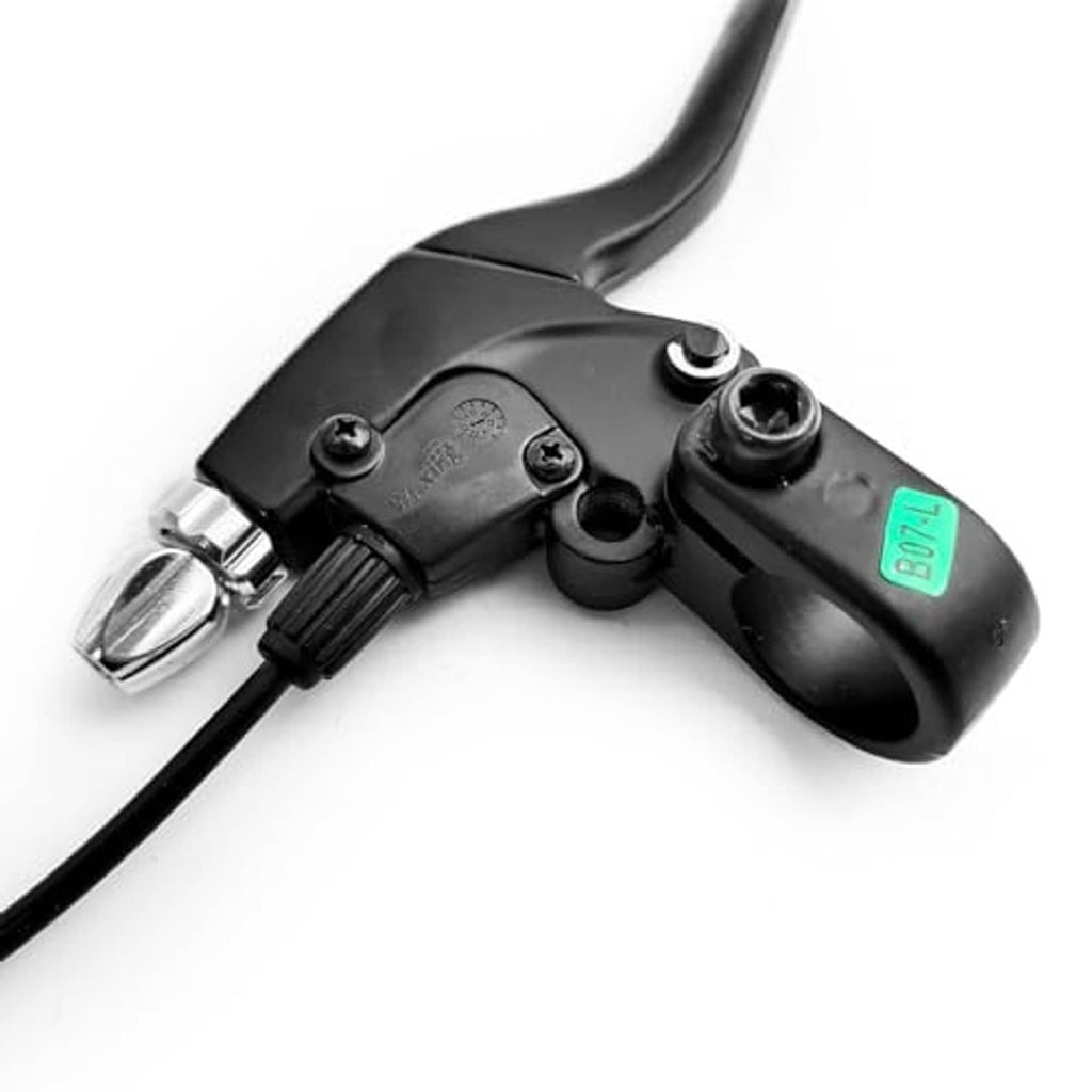 Close-up of black brake lever control with mounted cable connection