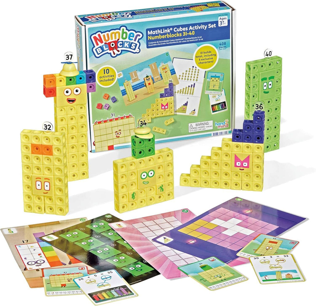 MathLink cubes activity set with number blocks, cards, and instruction board