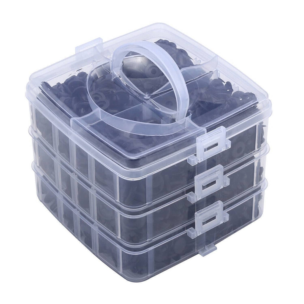 Clear storage box filled with black push-in trim retainer clips