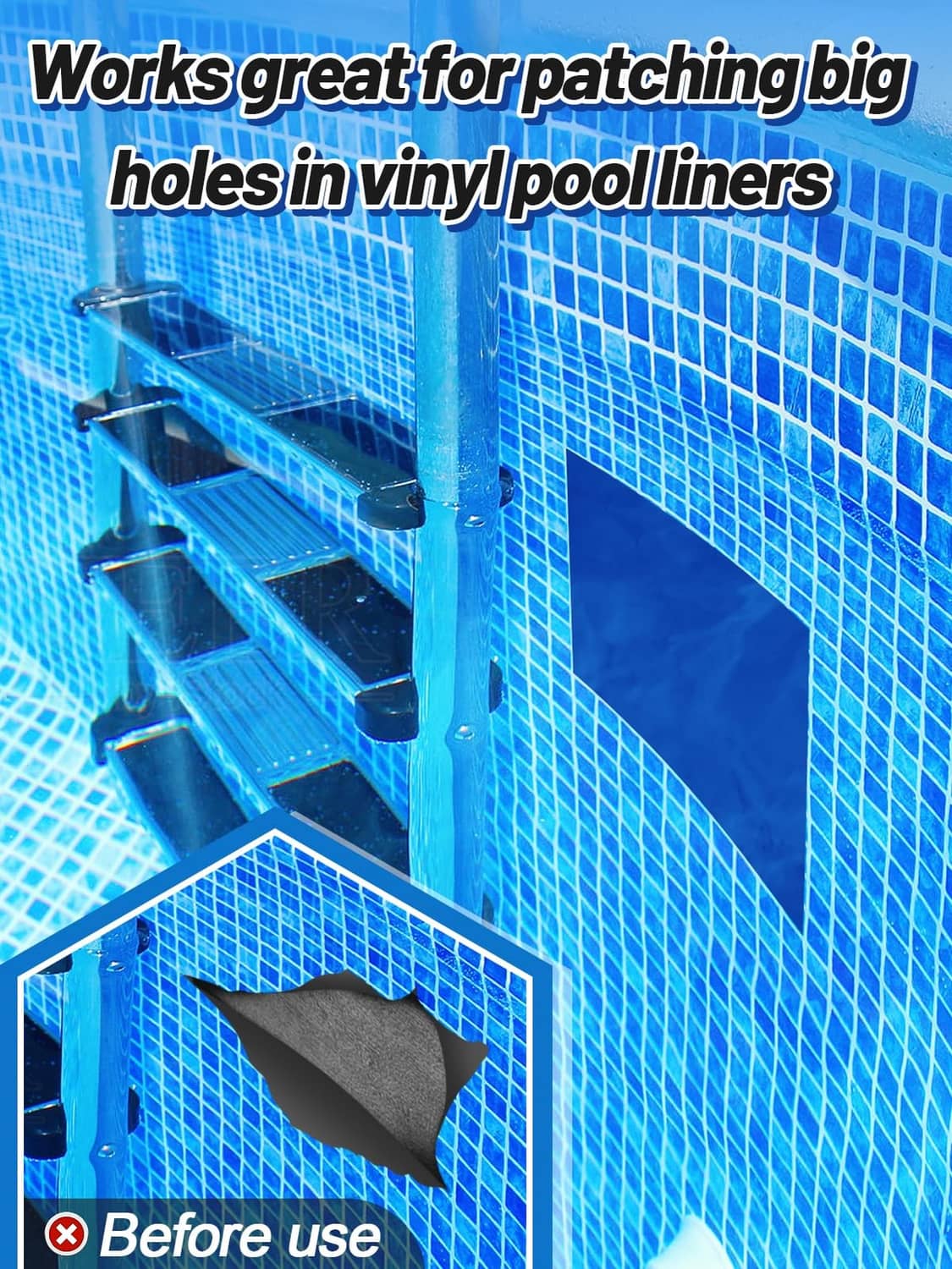 Dark blue pool liner repair patch covering a puncture on a vinyl pool liner