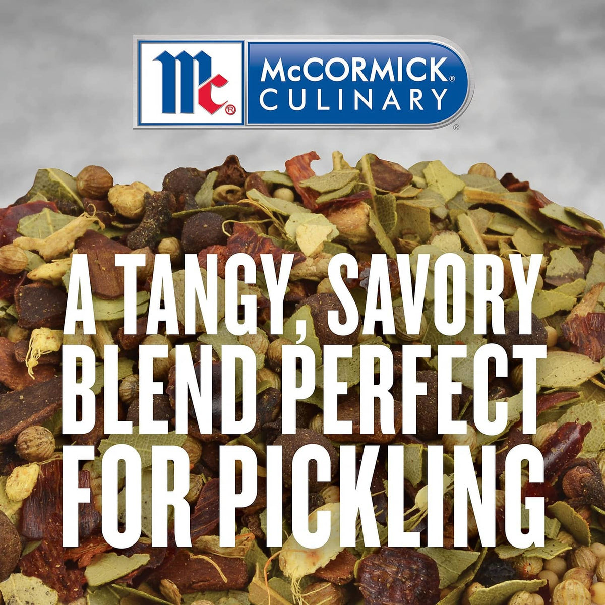 Seasoning blend pile with McCormick Culinary branding and pickling-focused text