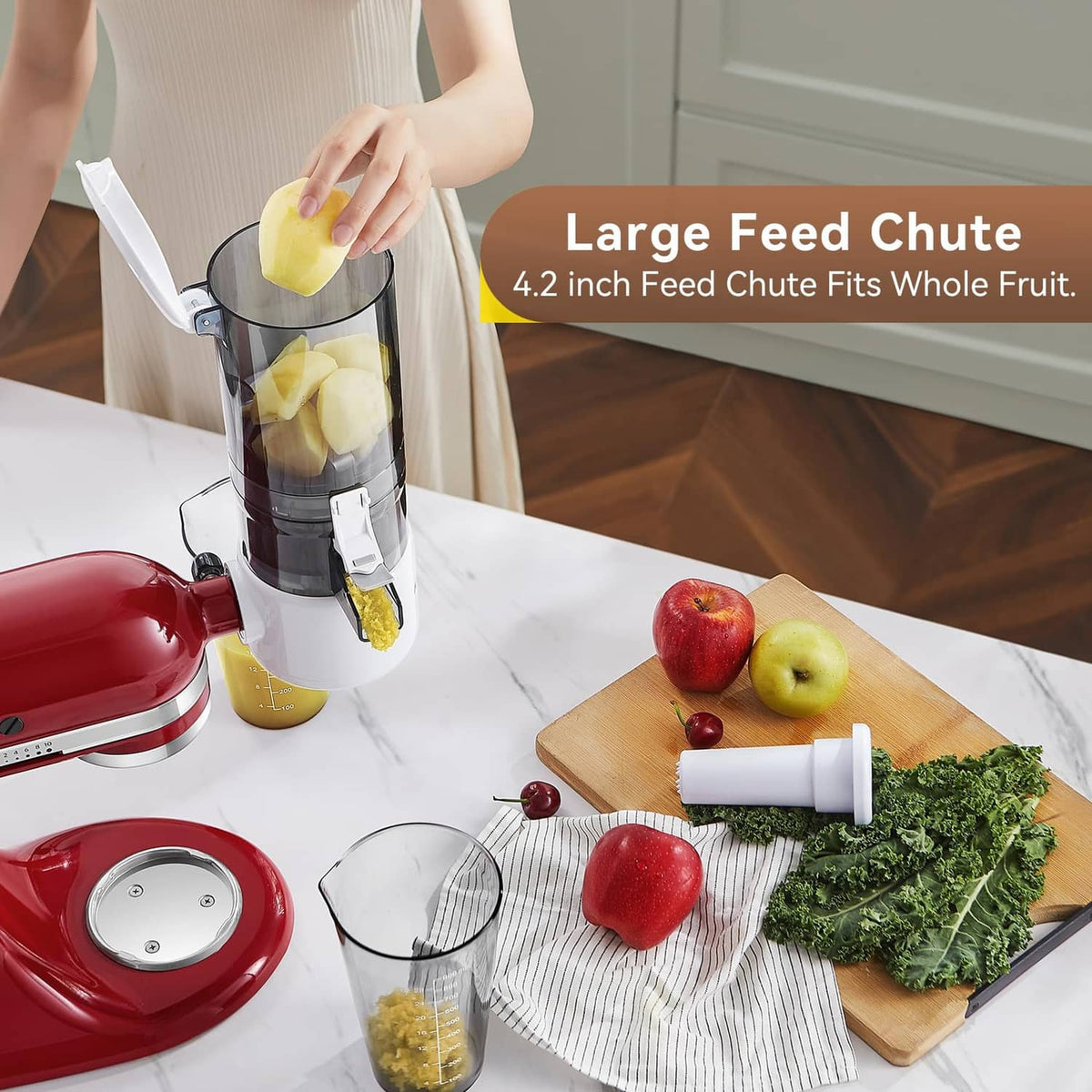 KITCHTREE large feed chute attachment with clear hopper, feeding sliced fruit