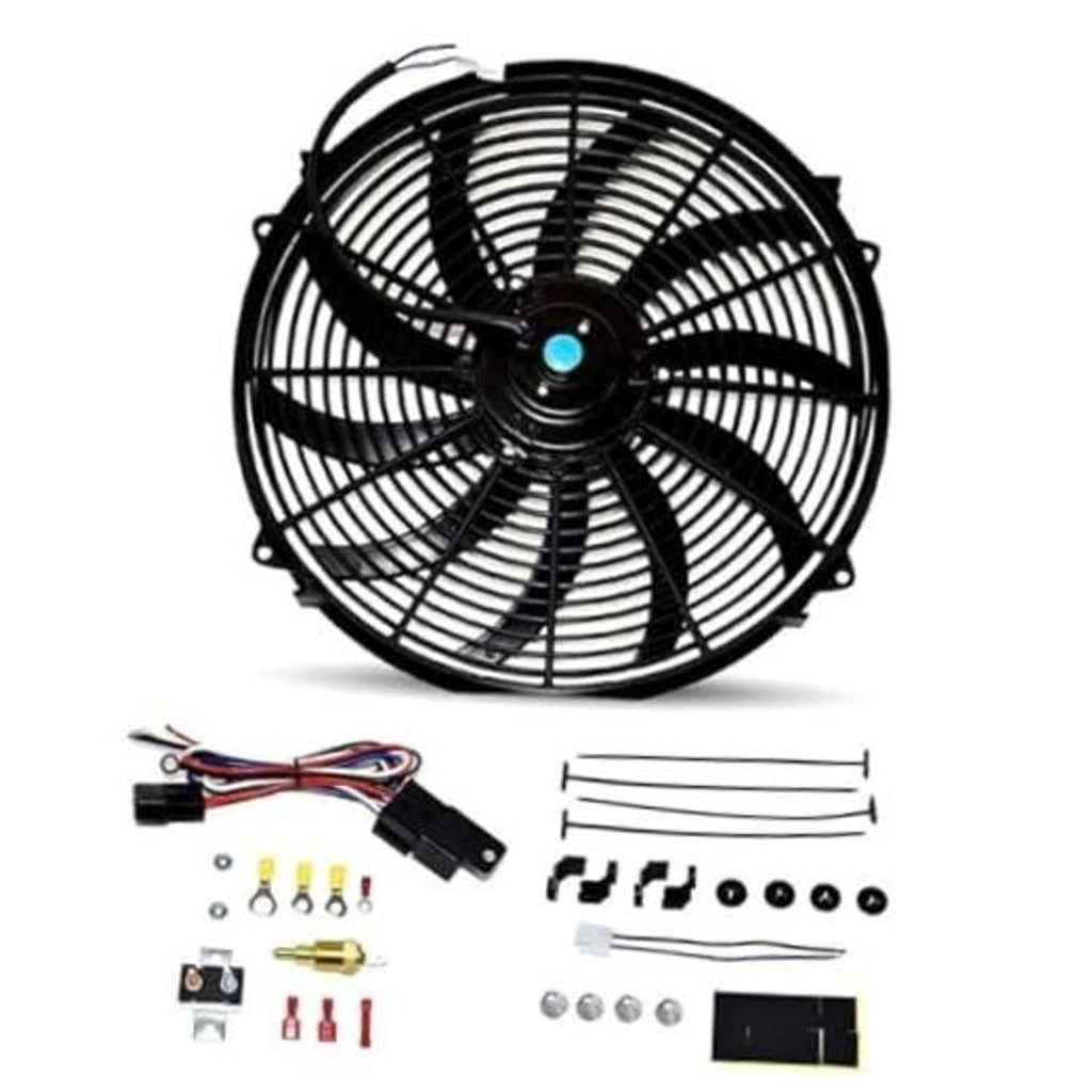 Black electric radiator cooling fan kit with reversible blades and mounting hardware