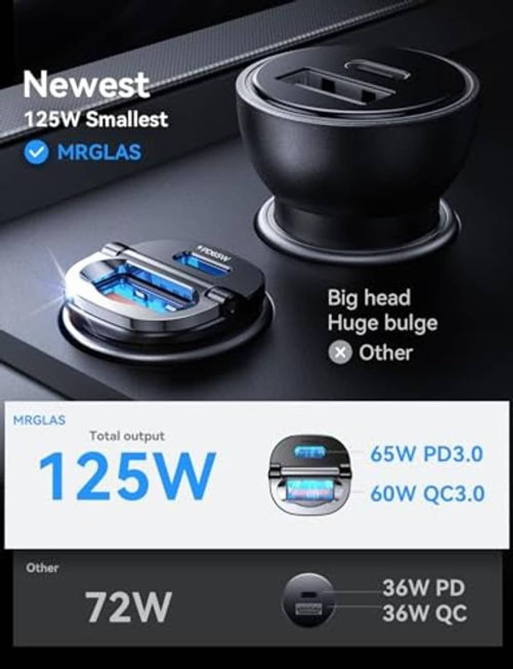 Round 125W car charger with USB-C output and braided Type-C cable