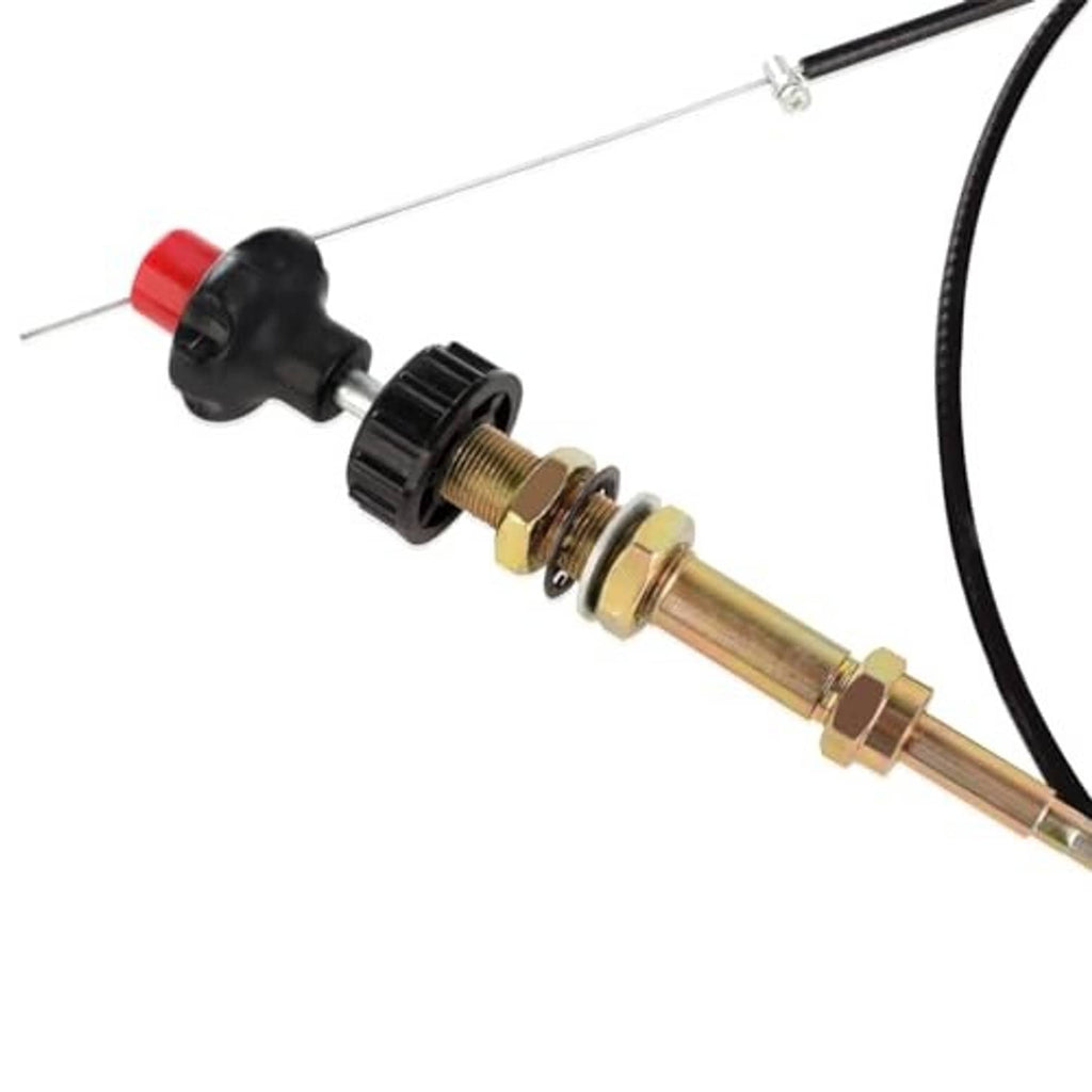 Throttle cable end fitting with black knob, brass adjuster, red safety cap