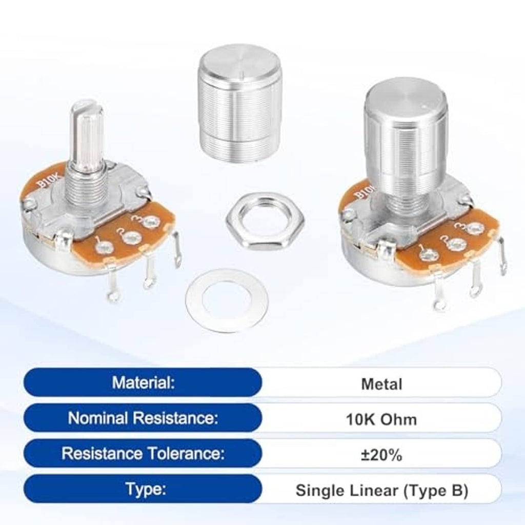 Rotary potentiometer with metal top cap, clear shaft, and orange resistor board plus mounting ring