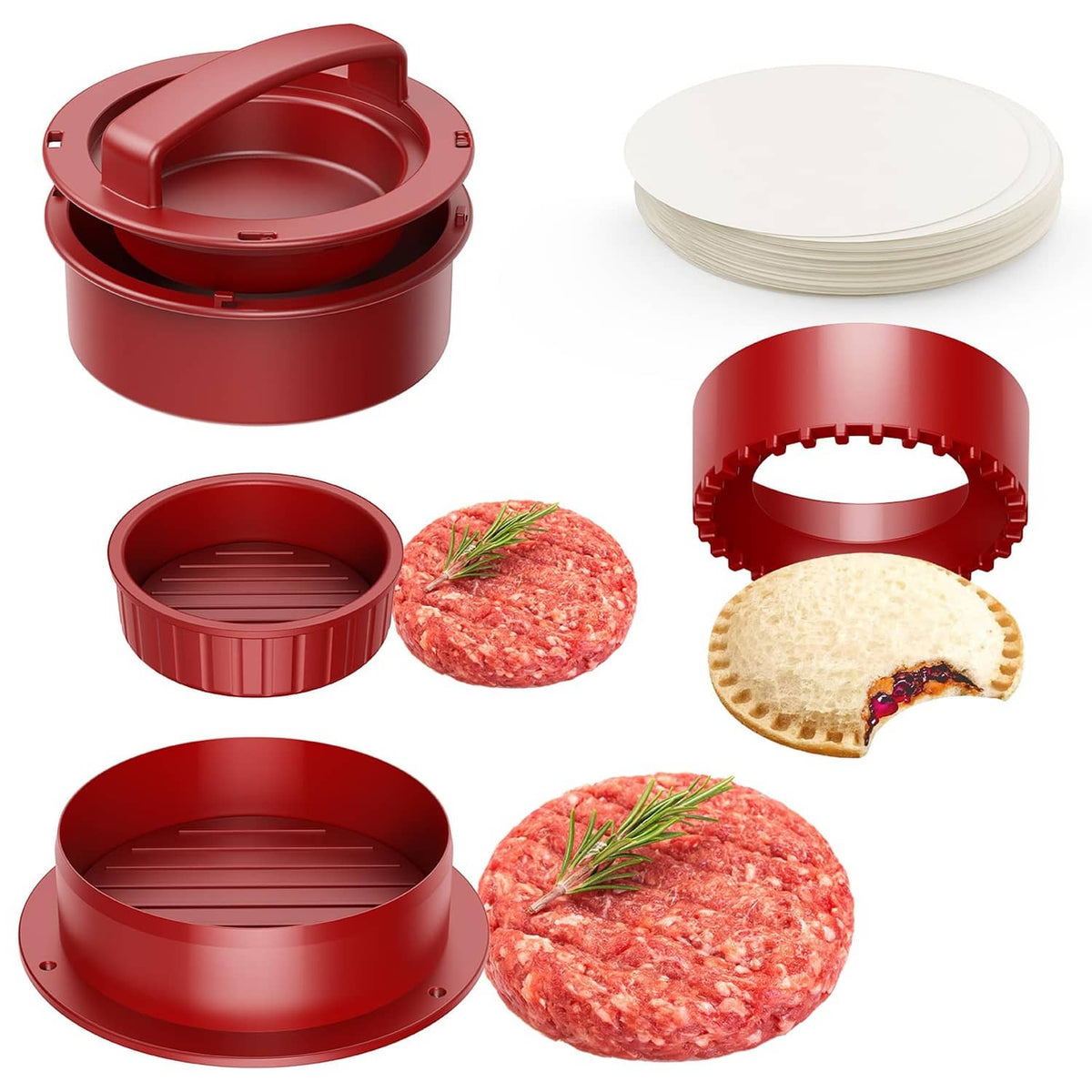 RivetOak Pisol Hamburger Press, 4-in-1 Burger Press Patty Maker Slider, Stuffed Red