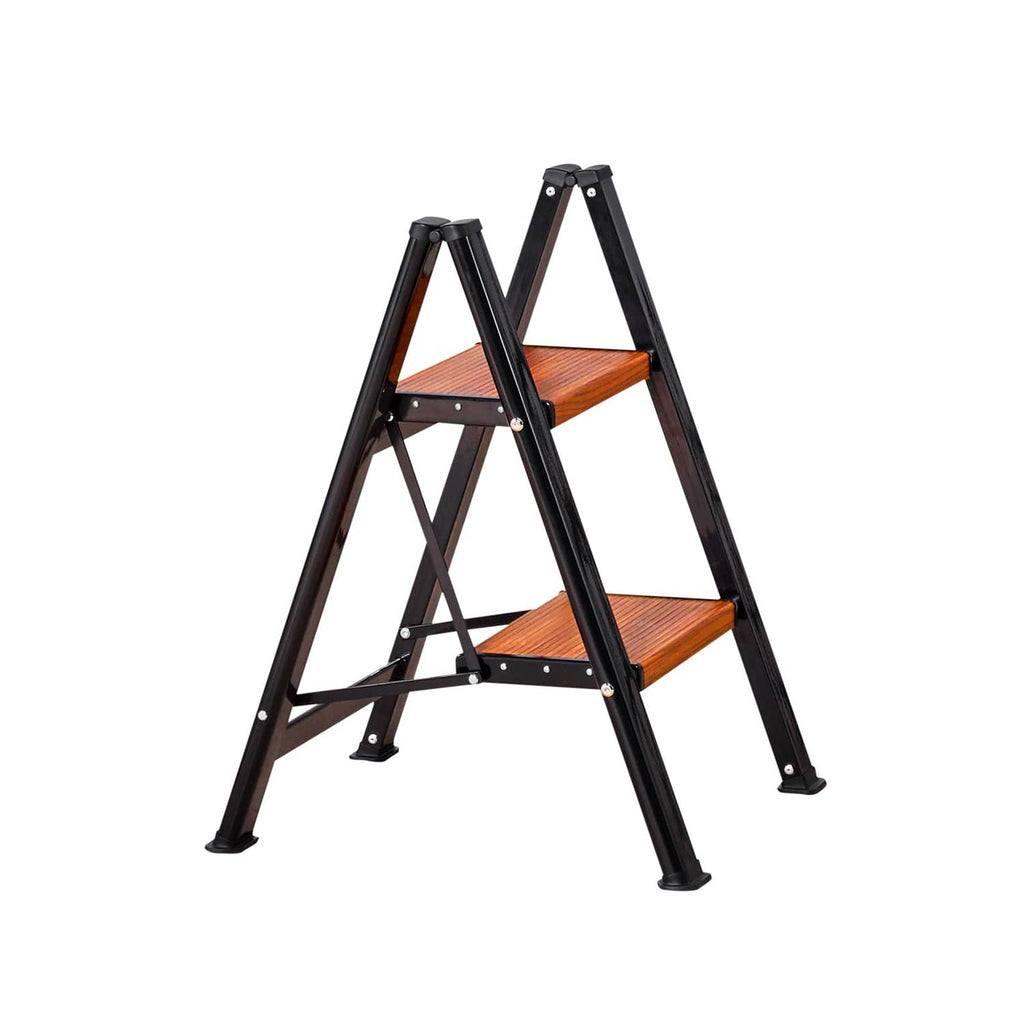 2-step folding ladder angled view with brown wooden steps and dark frame