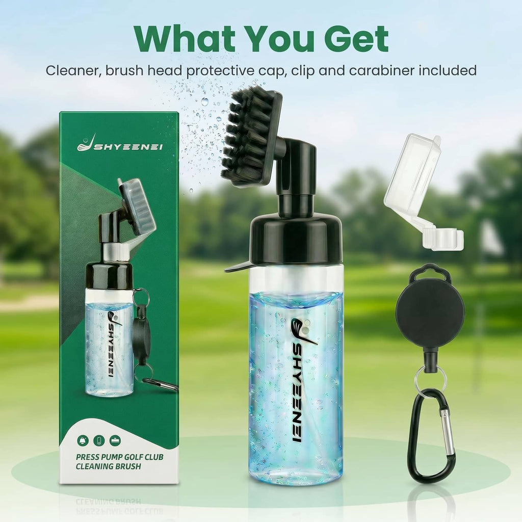 Portable golf club cleaner kit with brush heads, translucent bottle, clip, carabiner