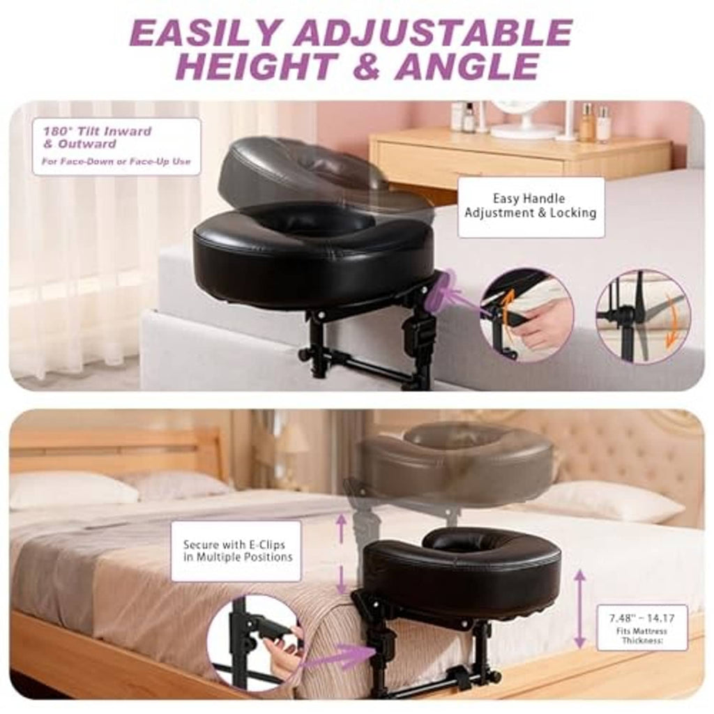 Black adjustable massage headrest with padded headrest and armrest, secure locking