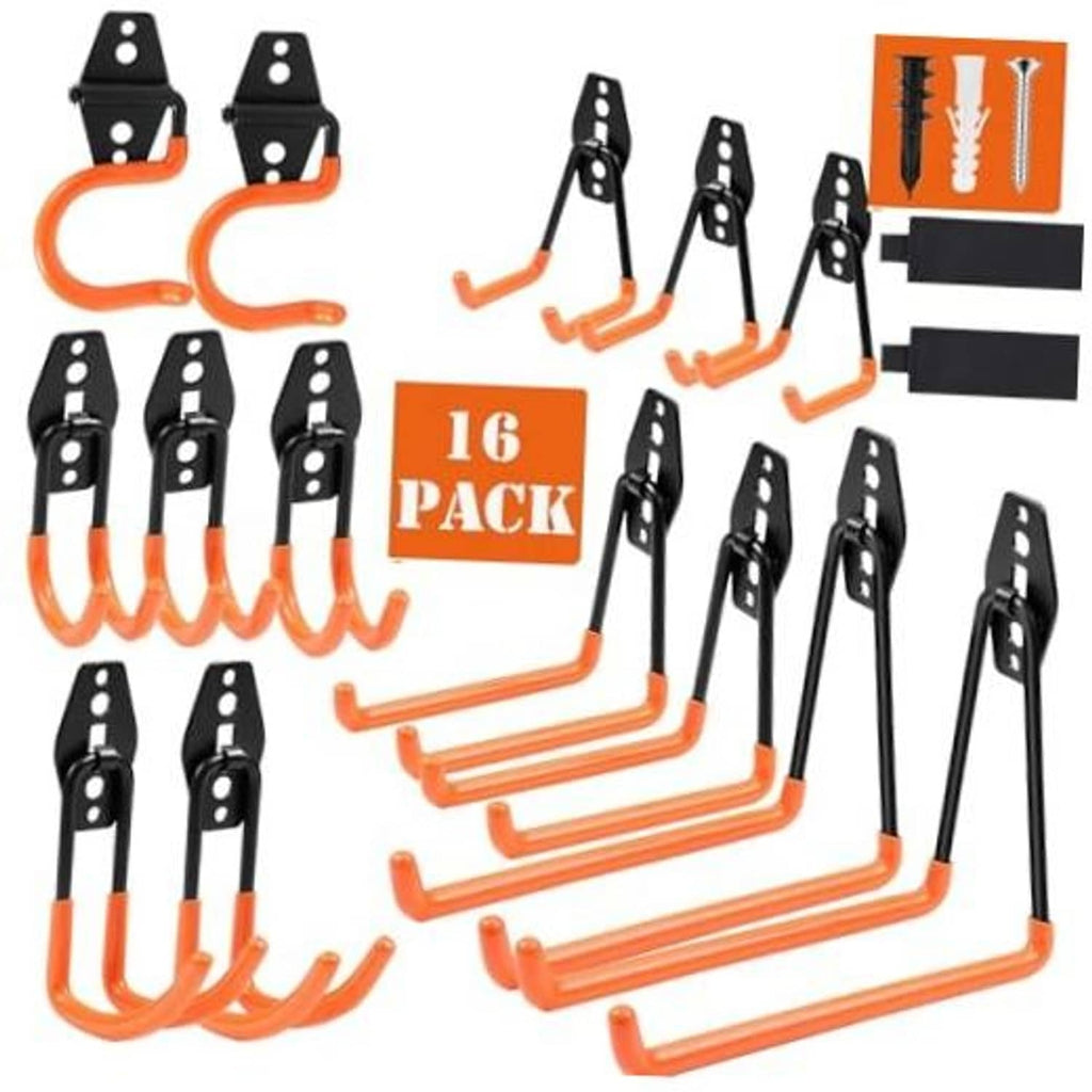 16-pack heavy-duty garage wall hooks, black brackets with orange J-shaped ends
