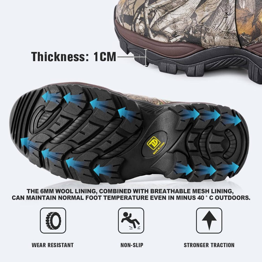 Camo boot outsole with non-slip tread lugs and blue traction grips.