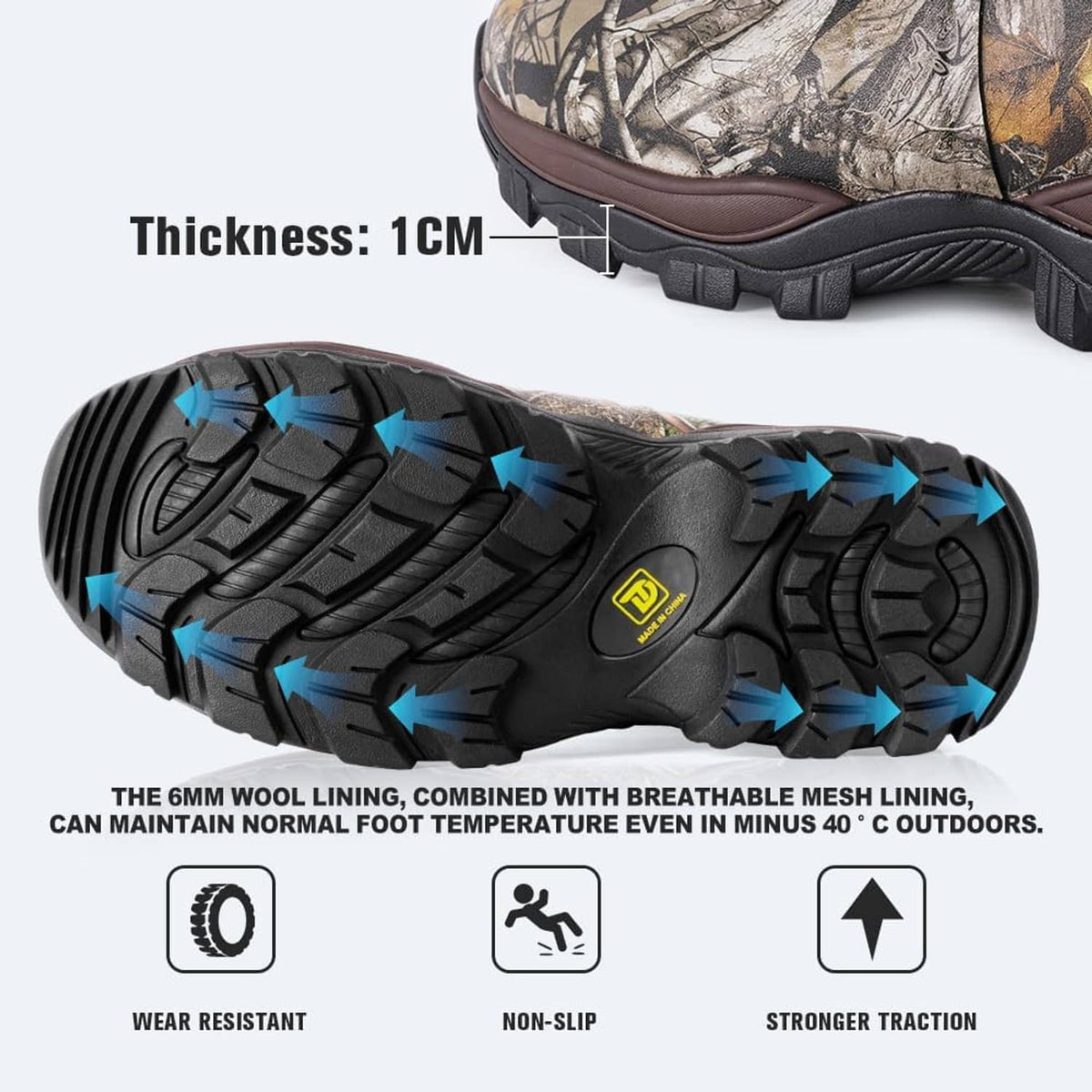 Camo boot outsole with non-slip tread lugs and blue traction grips.