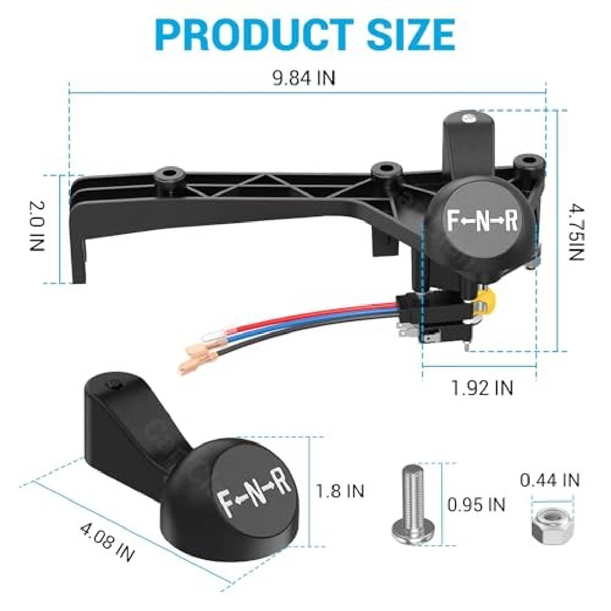 Forward and reverse shifter assembly with size measurements and mounting hardware